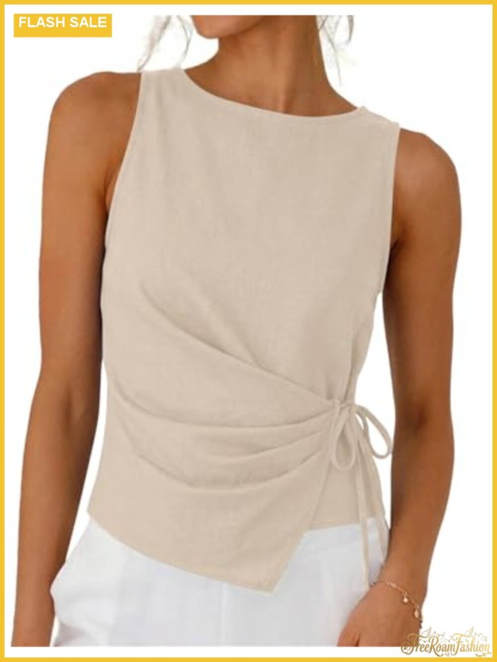 Linen Cotton Wrap Crop Tank Top Sleeveless Tie Front Ruched Asymmetrical
